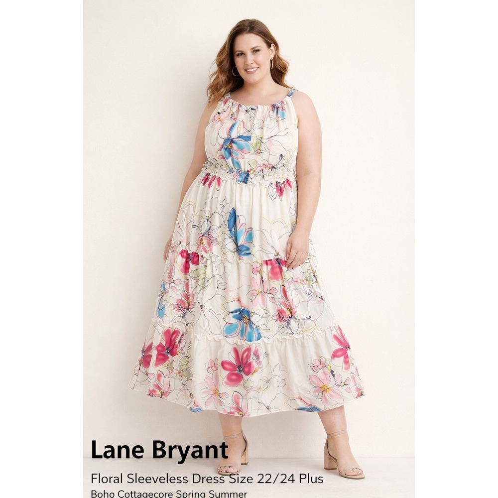 Lane Bryant Women 22 24 White Floral Sleeveless Tiered Smocked Boho Summer Dress